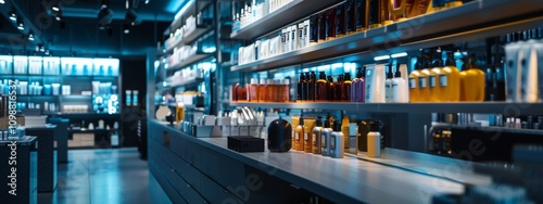 Modern beauty store with shelves of skincare and cosmetic products photo