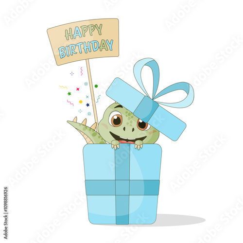 cute dinosaur in a birthday gift box with an inscription