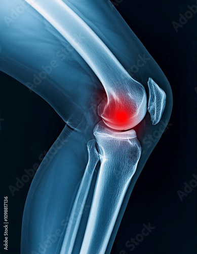 X-ray of a knee with a red spot of pain in the ankle. photo