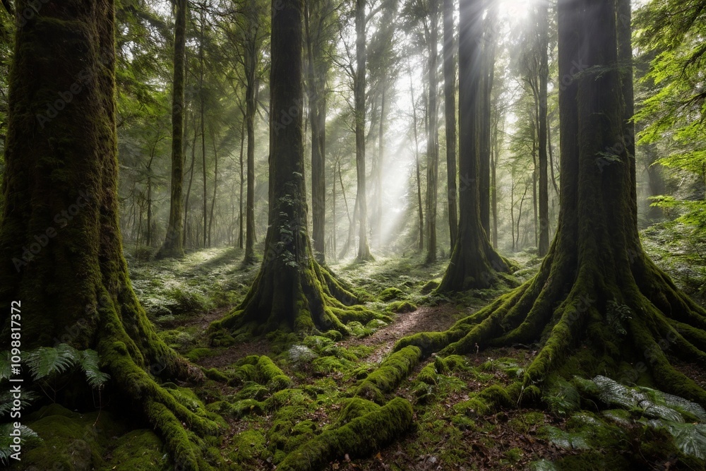 Fototapeta premium A dense forest filled with towering trees, their thick trunks covered in moss.
