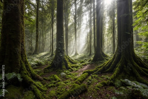 A dense forest filled with towering trees, their thick trunks covered in moss. photo