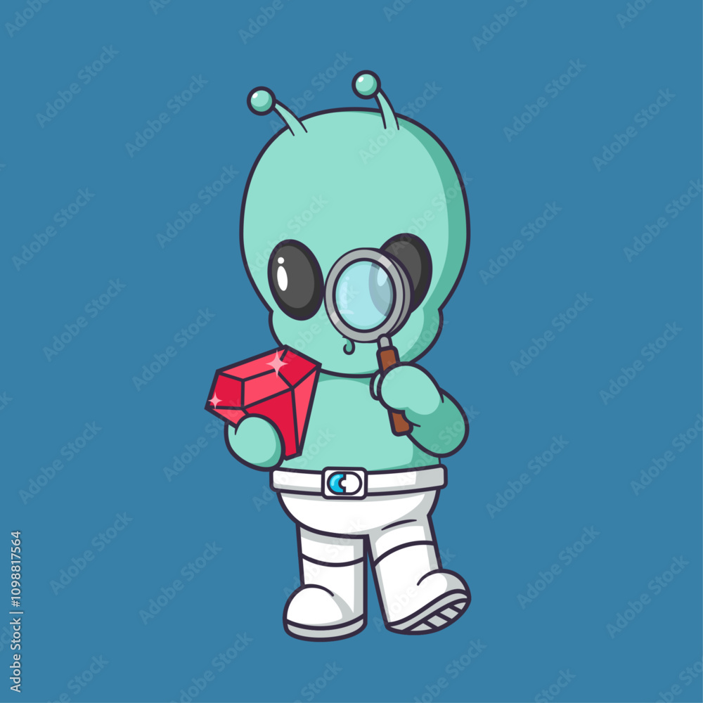 Obraz premium Cute alien holding diamond with magnifying glass Cartoon Vector Icon Illustration.
