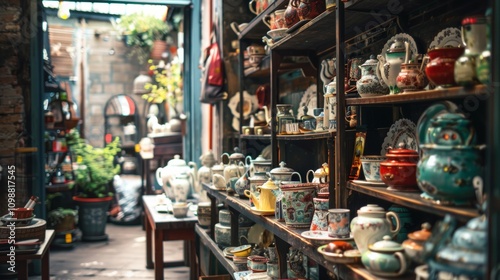 Vintage ceramic collection displayed in a cozy antique shop photo