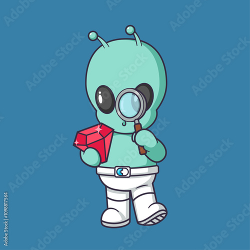 Cute alien holding diamond with magnifying glass Cartoon Vector Icon Illustration.