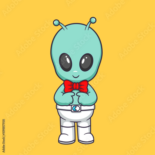 Cute  Alien wearing bow tie to party Cartoon Vector Icon Illustration.