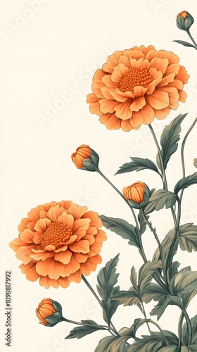 Orange flowers with green leaves on white background.