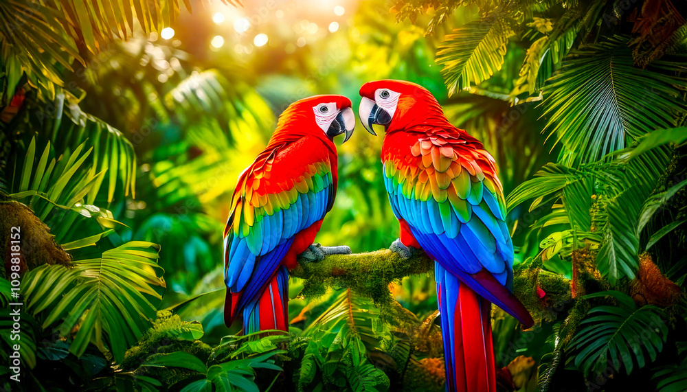 Fototapeta premium A vibrant, feathered parrot perches amidst the lush jungle foliage, its feathers shimmering