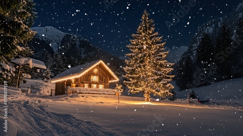 Weihnachtsbaum in kalter winternacht mit beleuchteter HÃ¼tte photo