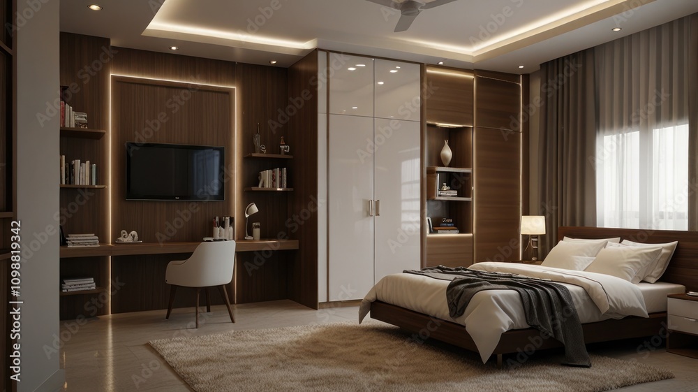 Fototapeta premium Modern bedroom interior design with wood accents, built-in wardrobe, and comfortable bed.
