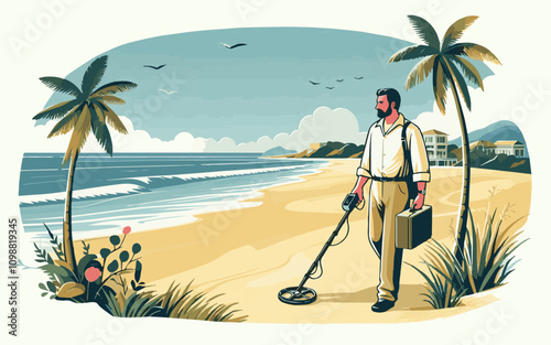 A man with a metal detector is searching for lost valuables on the beach. Vector illustration EPS 10