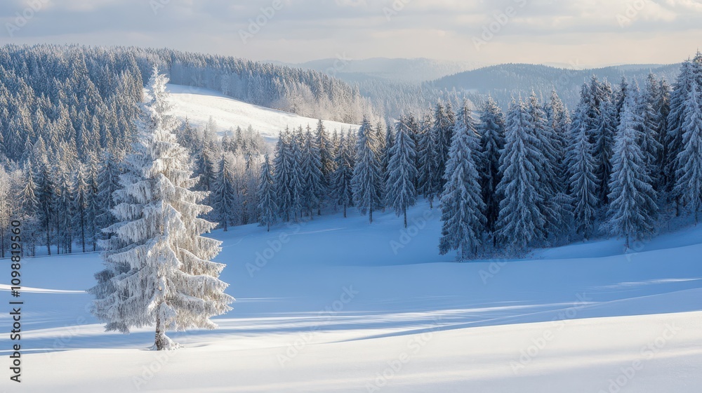 Obraz premium Weihnachtsbaum in verschneiter winterlandschaft mit Tannenwald