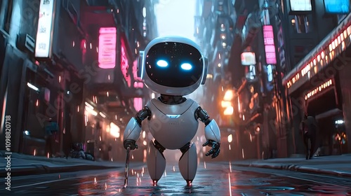 Futuristic robot with a broken leg using a metallic cane, hobbling down a sleek, neon-lit city street, sparks gently flying from the damaged limb