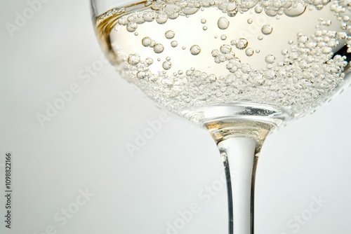 A stemmed glass filled with fizzy white wine against a white backdrop