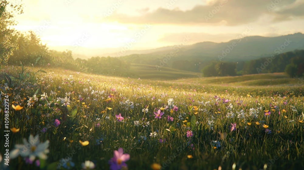Obraz premium Captivating sunrise over a vibrant flower landscape, serene nature photography, mark iv perspective, tranquil environment
