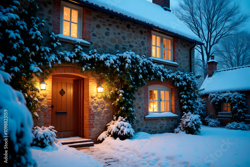 Old cozy English Cottage covered with Snow. Decorated Country house on Christmas eve
