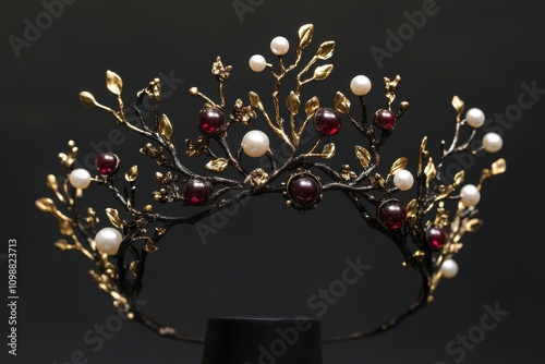 black adorned with rubies and pearls of a gold crown photo