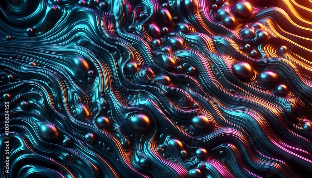 Obraz premium smooth, liquid like metallic surface with organic patterns pulsating underneath in neon colors