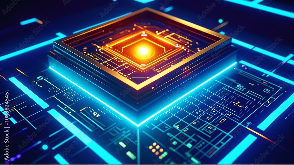 Obraz premium Futuristic circuit board with glowing central processor in neon colors