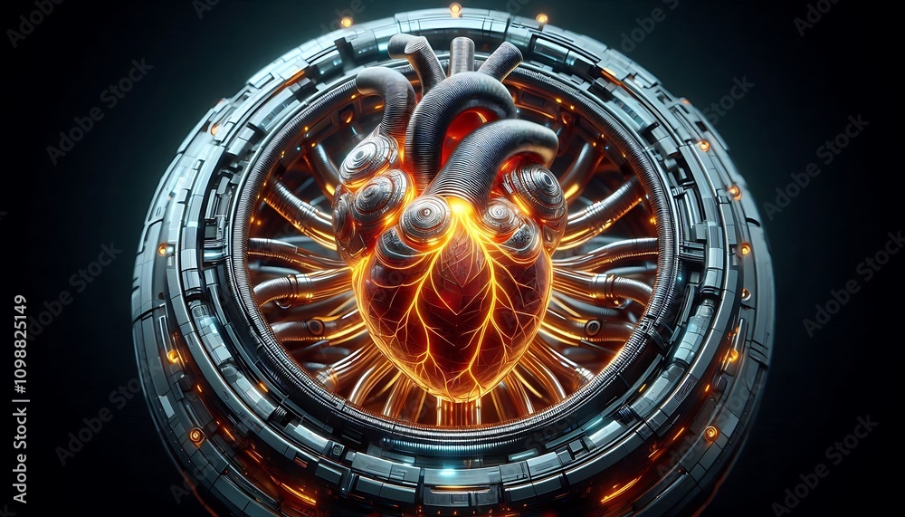 Naklejka premium biomechanical heart shaped core with glowing, pulsating veins and metallic outer casing