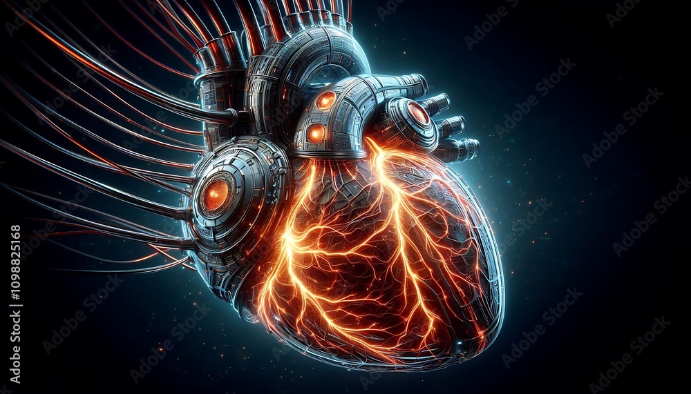 Fototapeta premium biomechanical heart shaped core with glowing, pulsating veins and metallic outer casing