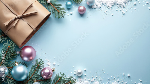 A beautA beautifully wrapped gift surrounded by festive ornaments  on a soft blue background with space for text photo