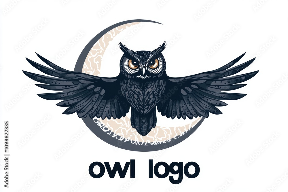 Obraz premium An owl logo featuring a detailed owl with outstretched wings against a crescent moon.