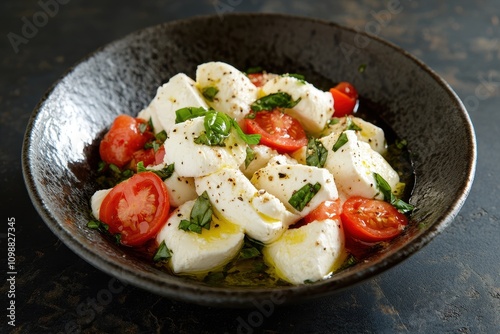 Classic Italian caprese salad with mozzarella tomatoes basil and olive oil presented on a dark backdrop horizontally