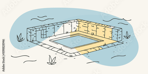 Zen Garden Ruins A series of low stone walls enclosing a small still pond. The walls are adorned with lichen and small flowers while the pond reflects the surrounding greenery. A