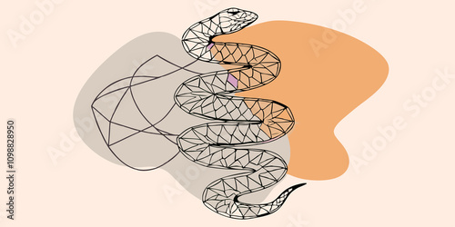 Abstract Art An abstract representation of a serpent segmented into different shades twisting through a series of geometric shapes that symbolize each chakra with flowing lines