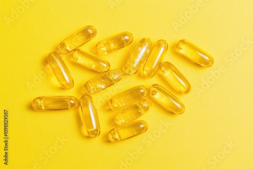 Close up of yellow softgels containing fish oil Omega 3 EPA DHA vitamins D3 E and A on a yellow background photo