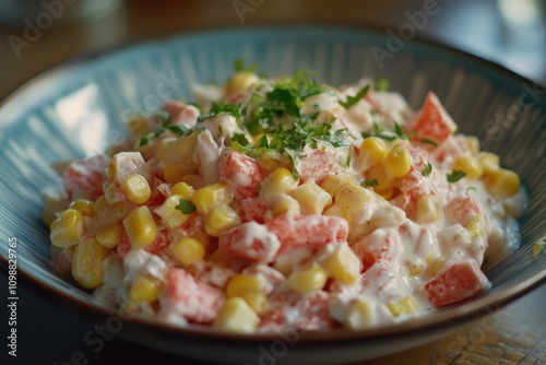 Corn and crab stick salad with mayo photo