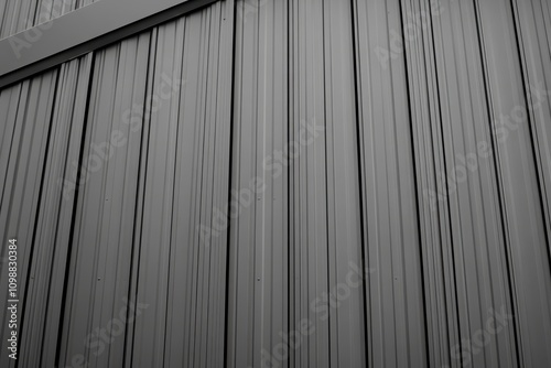 Detail of a house roof featuring steel sheets Classic metal shingles Gray modular roof panels resembling tiles Corrugated metal designed to mimic clay or concre photo