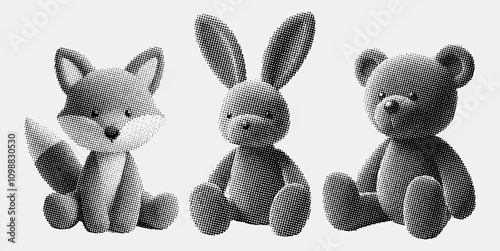 fox, bunny and bear plush toys, retro photocopy, halftone illustration set