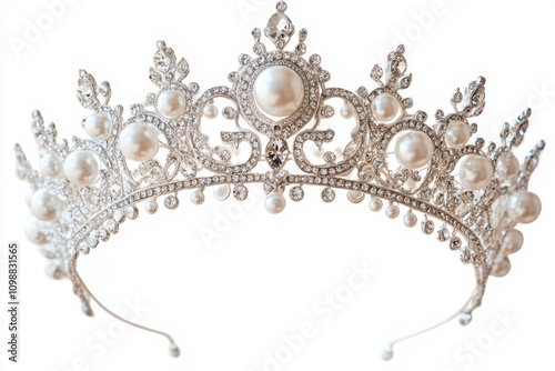 Elegant bridal crown or princess tiara featuring pearls and shiny silver set against a white backdrop
