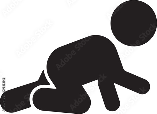 Illustration of a silhouette icon of a baby crawling, with hands and knees on the ground in a playful and curious pose