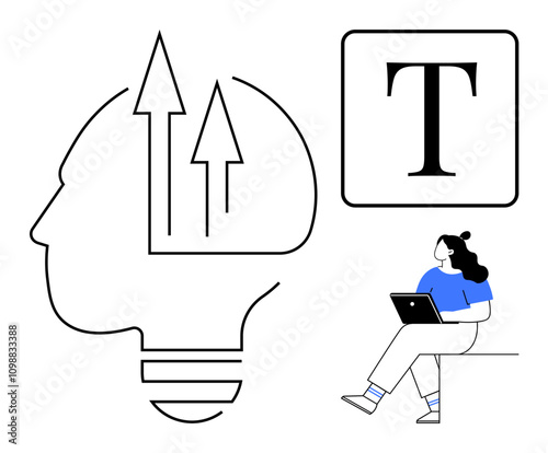 Human profile with arrows indicating ideas, capital T symbol, person sitting with laptop. Ideal for education, innovation, technology, brainstorming, reading, learning, and self-improvement. Line