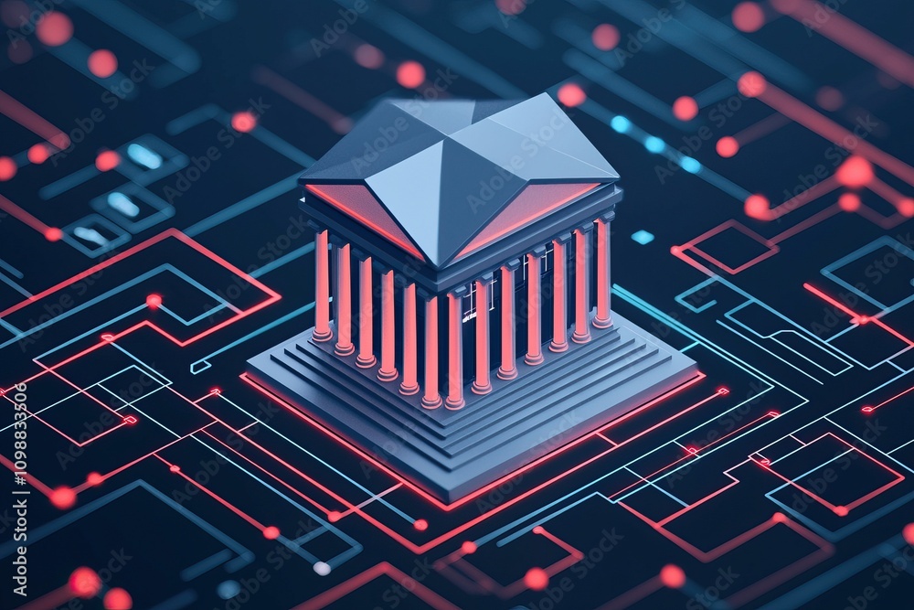 Fototapeta premium Virtual bank digital and ecosystem, A stylized digital bank building surrounded by circuits, symbolizing the intersection of finance and technology.