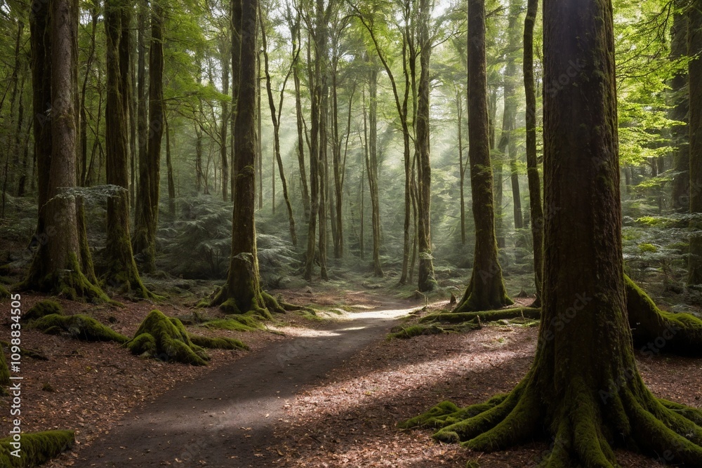 Obraz premium A peaceful forest scene with dense trees and a soft carpet of moss covering the ground. Small mushrooms are scattered throughout the forest floor, nestled among the fallen leaves and ferns.