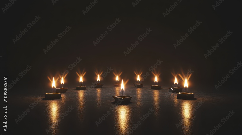 Fototapeta premium Minimalist Kwanzaa Design: Floating Geometric Symbols with Seven Golden Flames on Deep Charcoal Background. Professional Studio Lighting, Ultra-Clean 8K Render.