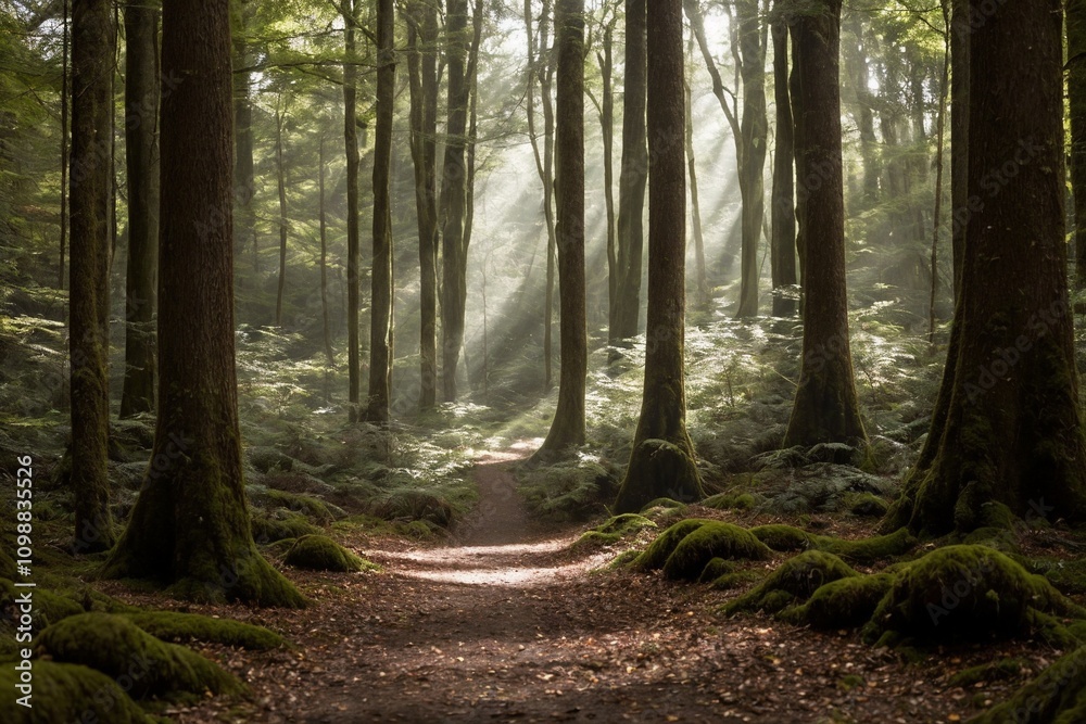 Obraz premium A peaceful forest scene with dense trees and a soft carpet of moss covering the ground. Small mushrooms are scattered throughout the forest floor, nestled among the fallen leaves and ferns.