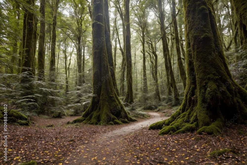 Obraz premium A peaceful forest scene with dense trees and a soft carpet of moss covering the ground. Small mushrooms are scattered throughout the forest floor, nestled among the fallen leaves and ferns.