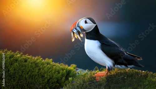 snowy weather Atlantic puffin feeding on fishes in its mouth photo