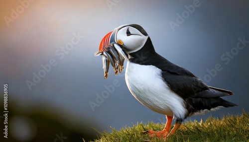 snowy weather Atlantic puffin feeding on fishes in its mouth photo