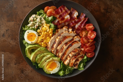 Nutritious cobb salad featuring chicken avocado bacon tomato cheese and eggs American cuisine Overhead view photo