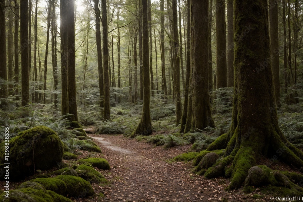 Fototapeta premium A peaceful forest scene with dense trees and a soft carpet of moss covering the ground. Small mushrooms are scattered throughout the forest floor, nestled among the fallen leaves and ferns.
