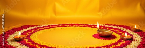 Brass diya surrounded by symmetrical rangoli with colored rice on gold backdrop Diwali festival, colored rice, celebration, festival photo