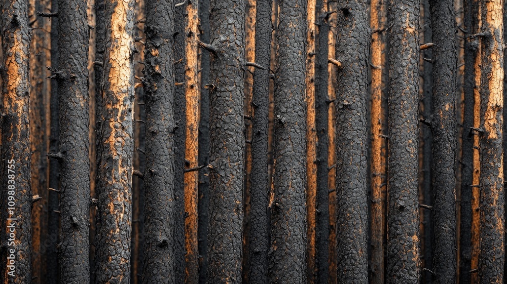 Fototapeta premium Vertical charred tree trunks in close-up pattern