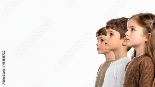 Three Caucasian children standing side by side, facing right