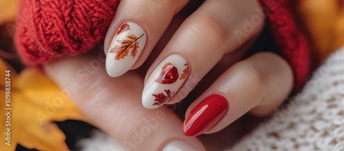 Autumn Nail Art: Red and White Nails with Fall Leaves Design photo