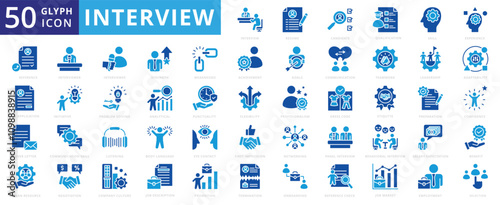 Interview icon set with experience, skill, communication, teamwork, leadership, letter, interview, employment, networking, strength, onboarding, analytics, body language, dress code, and confidence